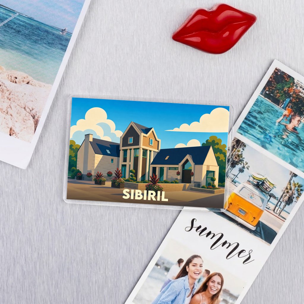 Magnet souvenir de la ville de Sibiril avec une illustration stylisée.