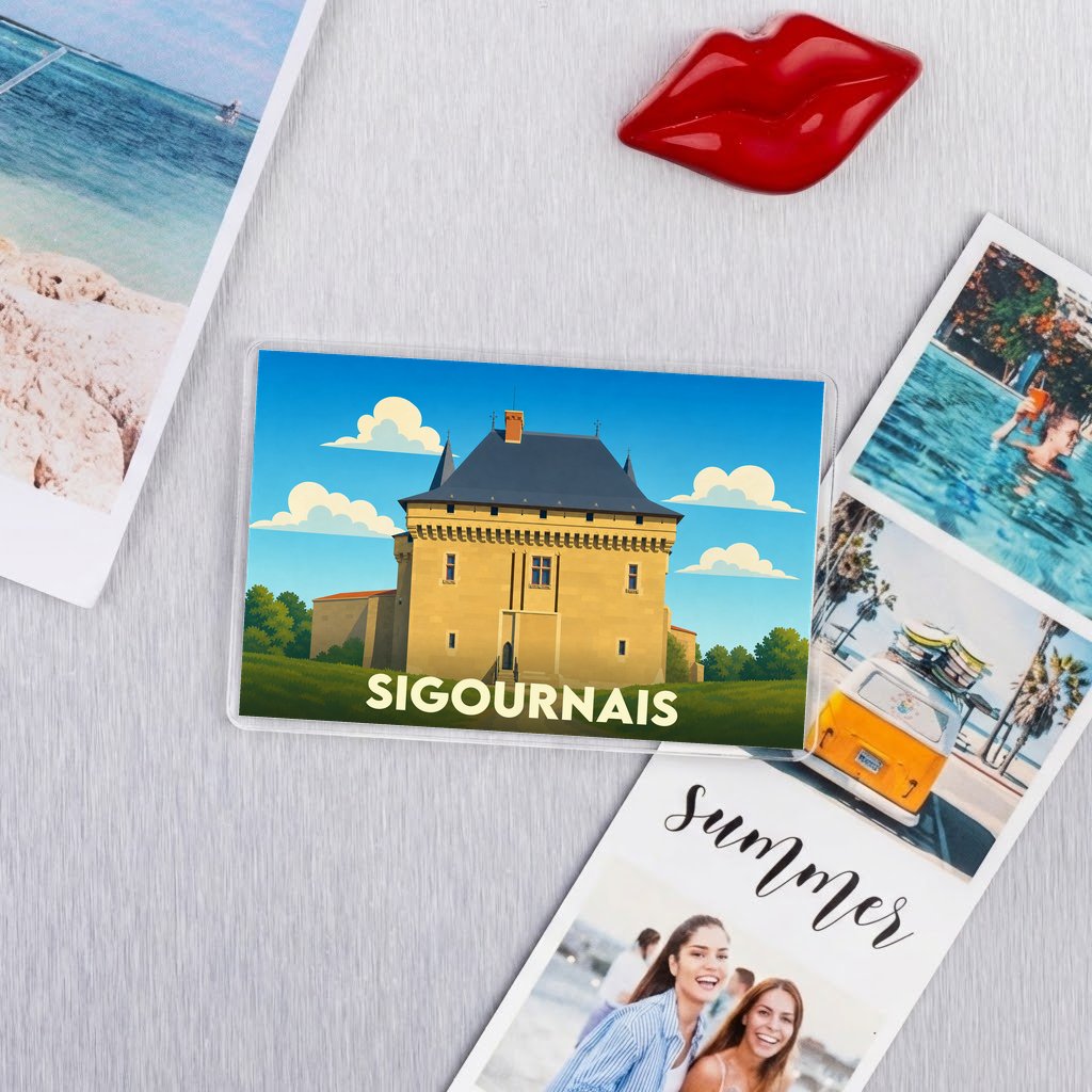 Magnet souvenir de la ville de Sigournais avec une illustration stylisée de son château.