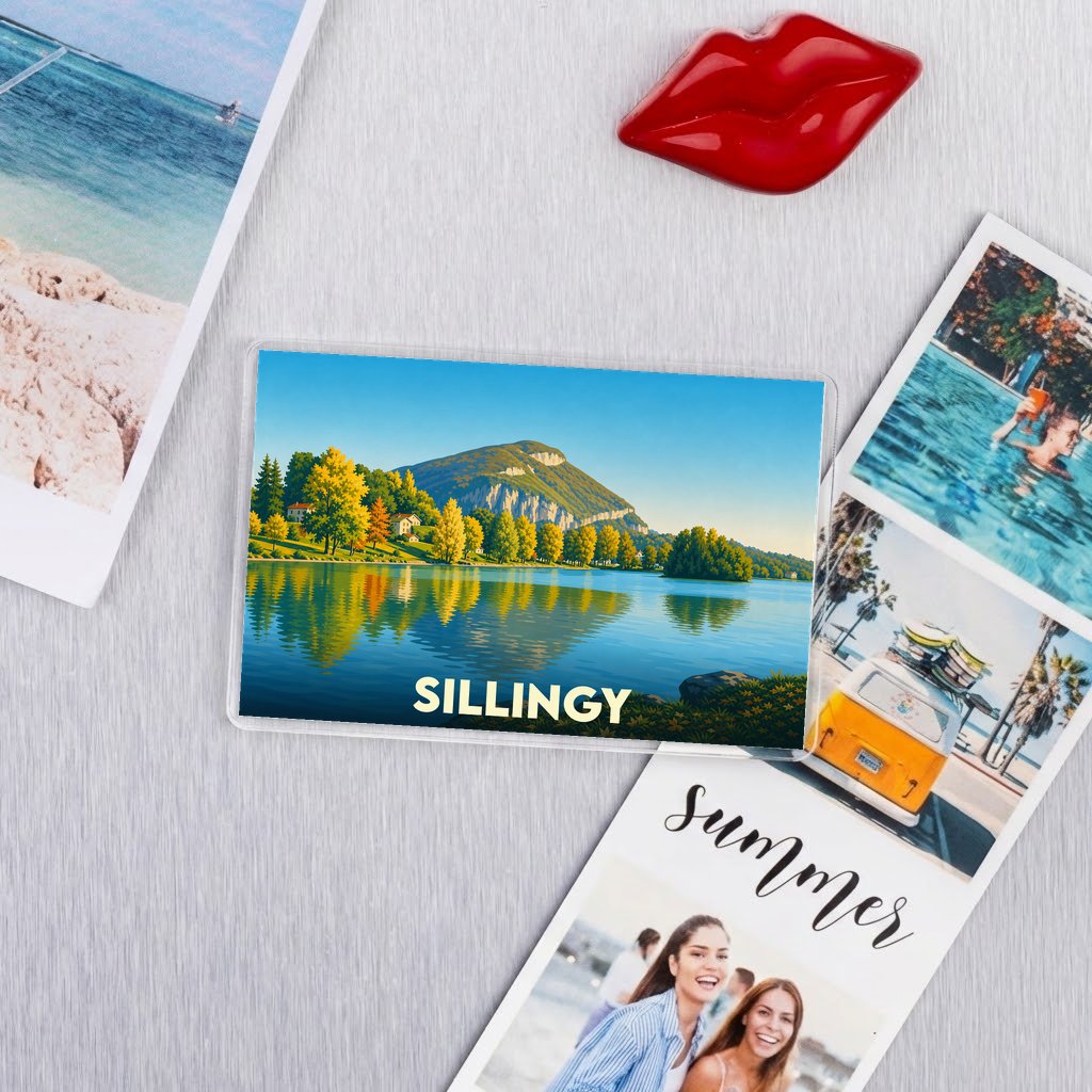 Magnet souvenir de la ville de Sillingy avec une illustration stylisée de son lac et des montagnes environnantes.