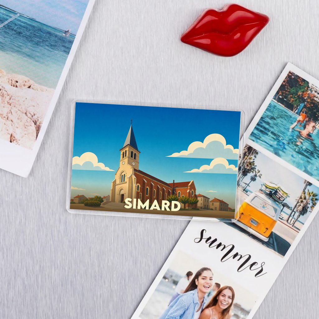 Magnet souvenir de la ville de Simard avec une illustration stylisée de son église.