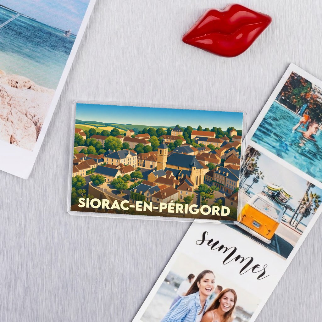 Magnet rectangulaire souvenir de la ville de Siorac-en-Périgord avec une illustration stylisée du village.