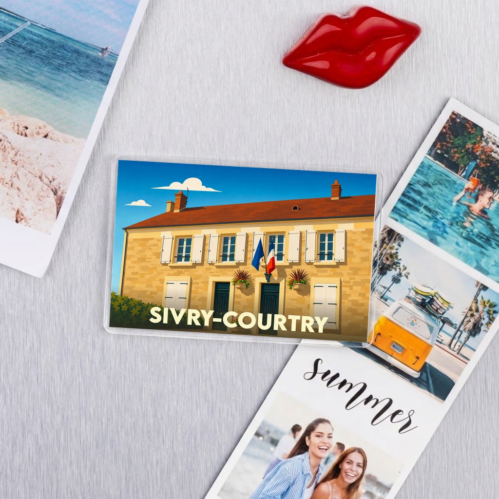 Magnet souvenir de la ville de Sivry-Courtry avec une illustration stylisée.