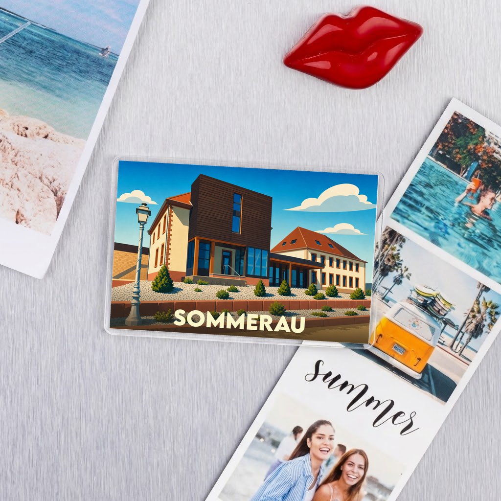 Magnet souvenir de la ville de Sommerau avec une illustration stylisée.