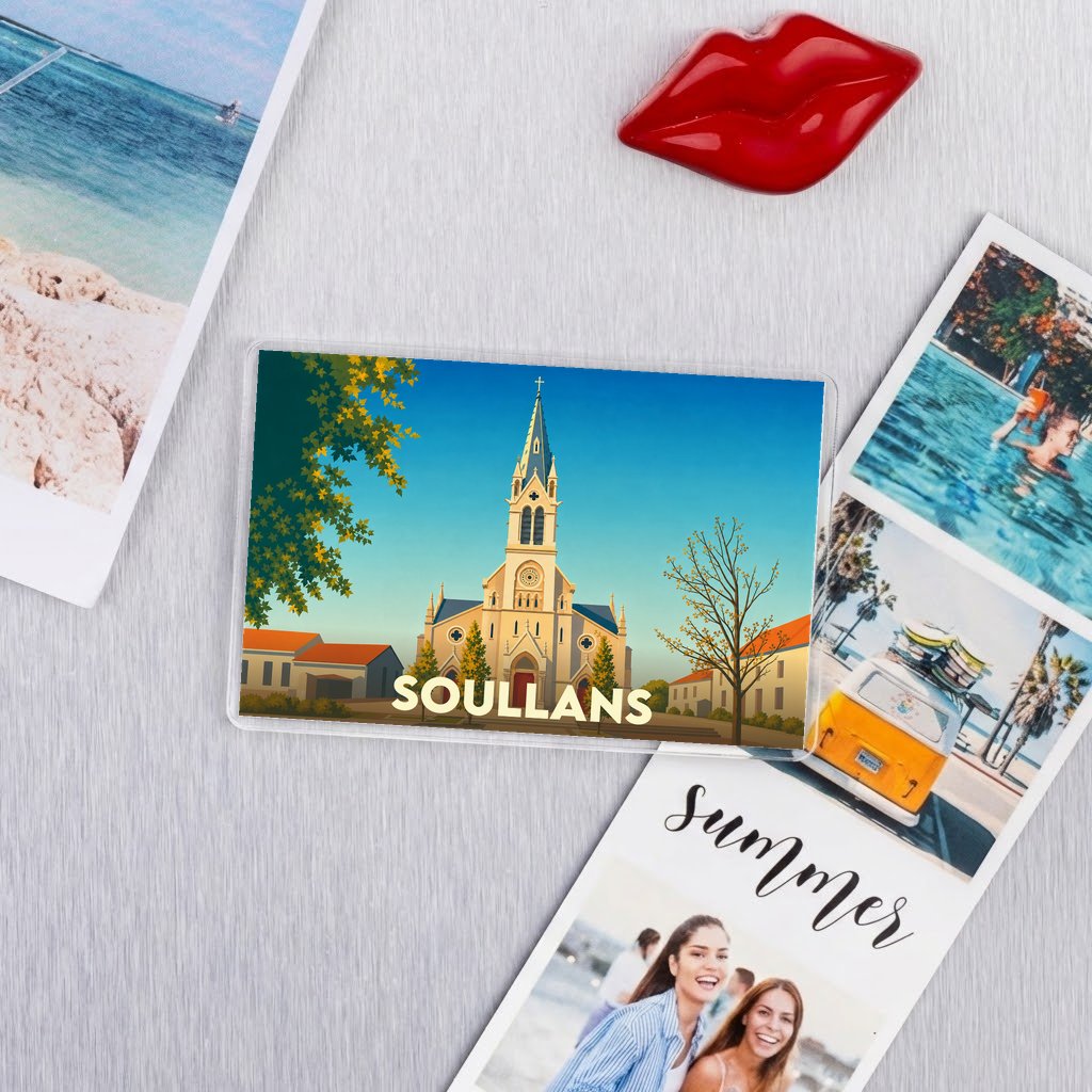 Magnet souvenir de la ville de Soullans avec une illustration stylisée de son église.