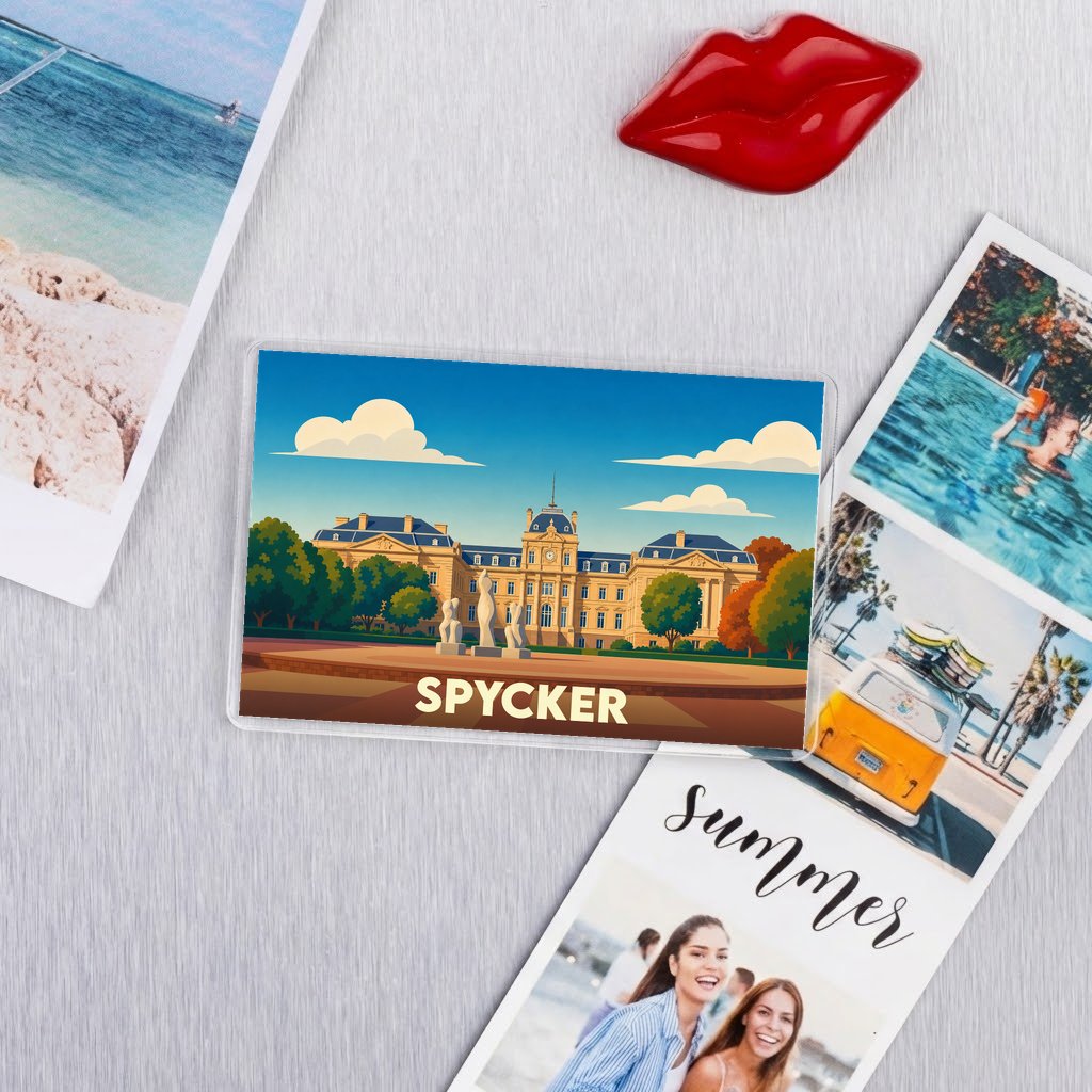 Magnet souvenir de la ville de Spycker avec une illustration stylisée.