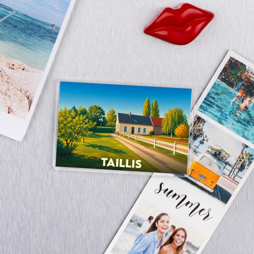 Magnet souvenir de la ville de Taillis avec une illustration bucolique d'une maison de campagne.