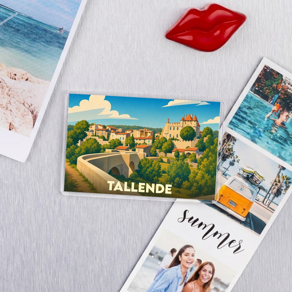 Magnet souvenir de la ville de Tallende avec une illustration stylisée.