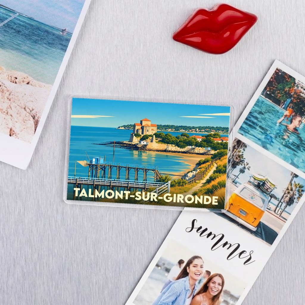 Magnet souvenir de la ville de Talmont-sur-Gironde avec une illustration stylisée du littoral et de son église.
