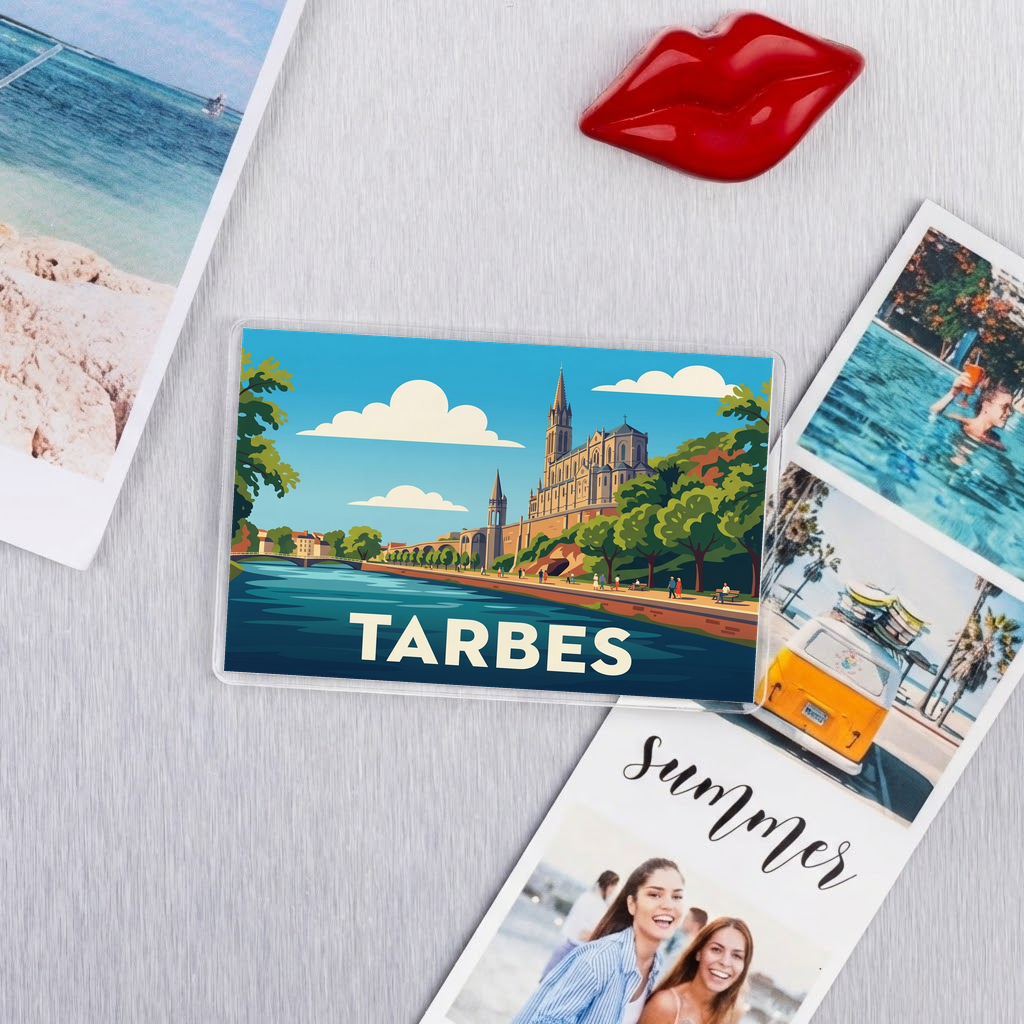 Magnet souvenir de la ville de Tarbes avec une illustration stylisée.