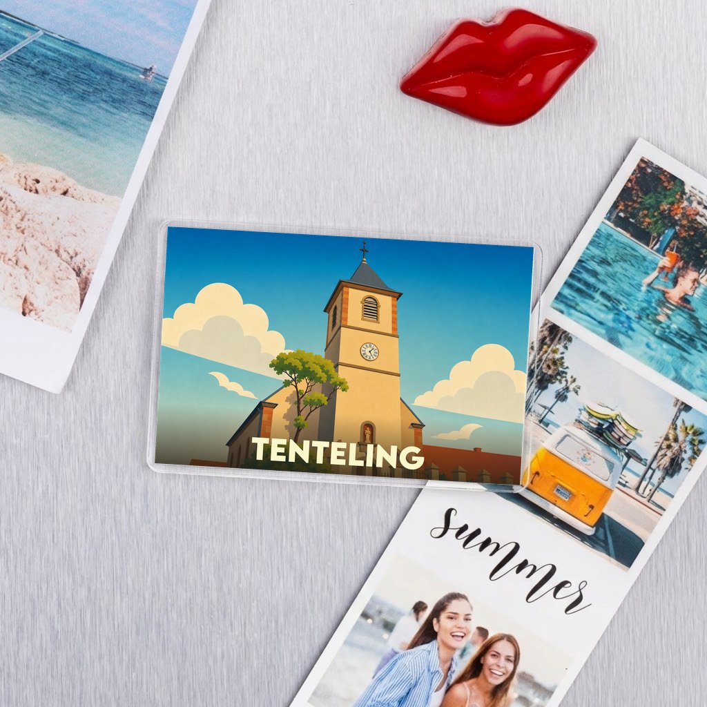 Magnet souvenir de la ville de Tenteling avec une illustration stylisée de son église.