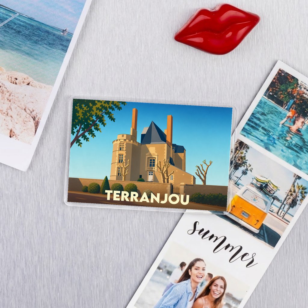 Magnet souvenir de la ville de Terranjou avec une illustration stylisée d'un château.