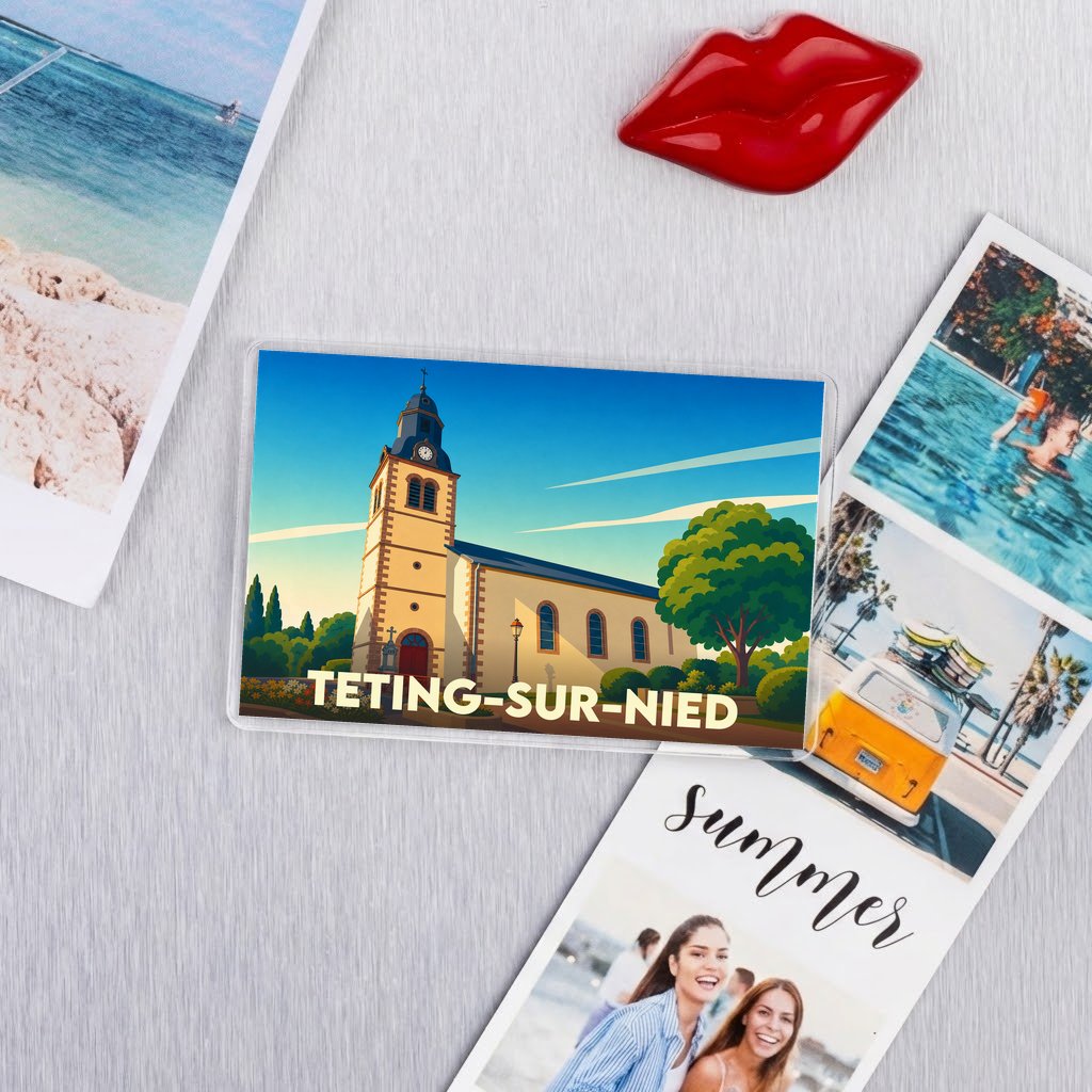 Magnet souvenir de la ville de Teting-sur-Nied avec une illustration stylisée de son église.