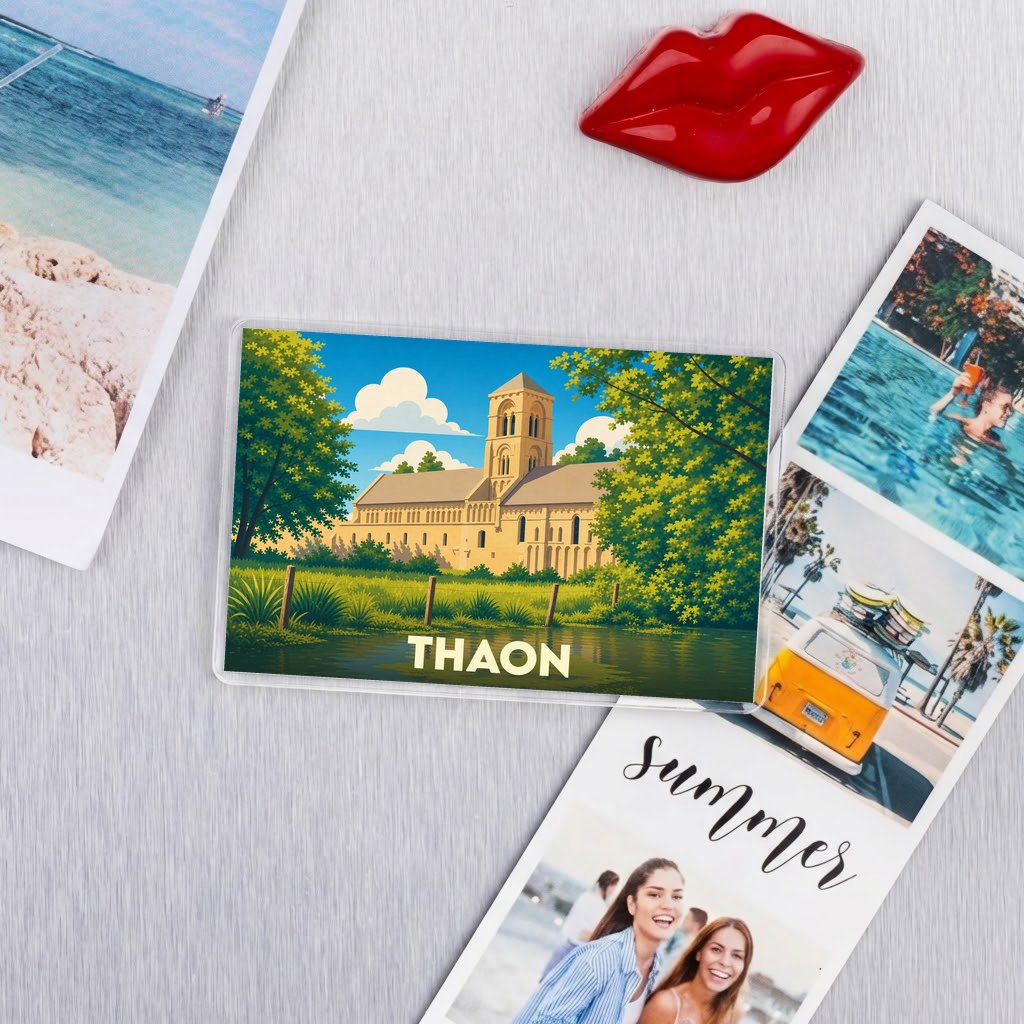 Magnet souvenir de la ville de Thaon avec une illustration stylisée de son église.