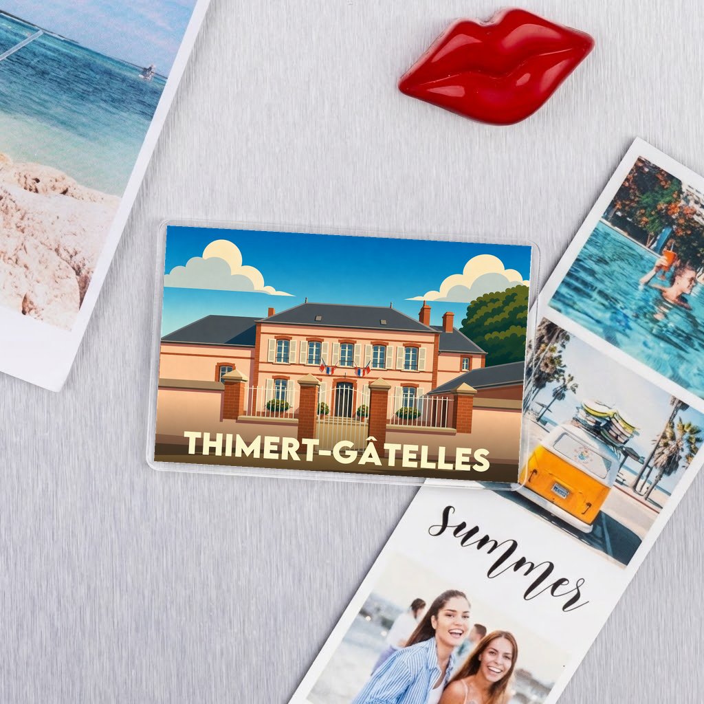 Magnet souvenir de la ville de Thimert-Gâtelles avec une illustration stylisée de sa mairie.