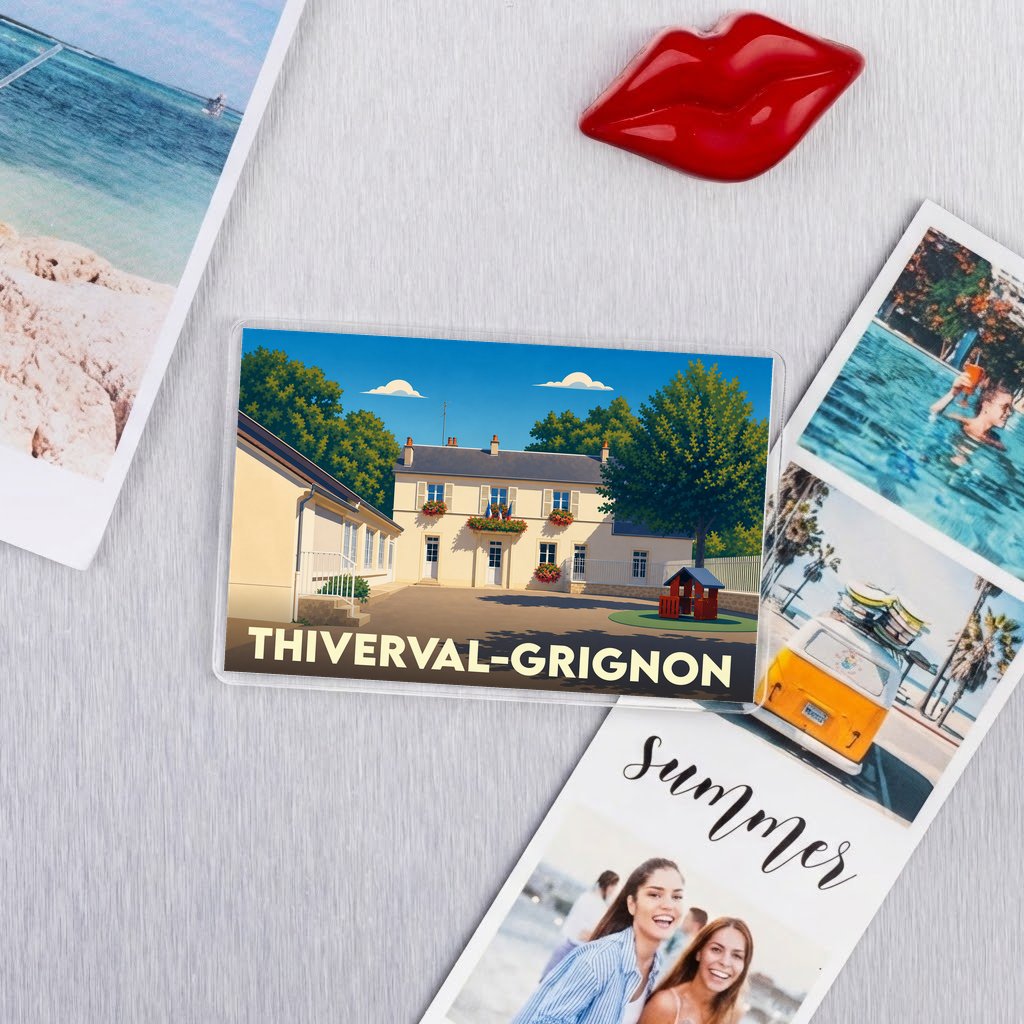 Magnet souvenir de la ville de Thiverval-Grignon avec une illustration stylisée.