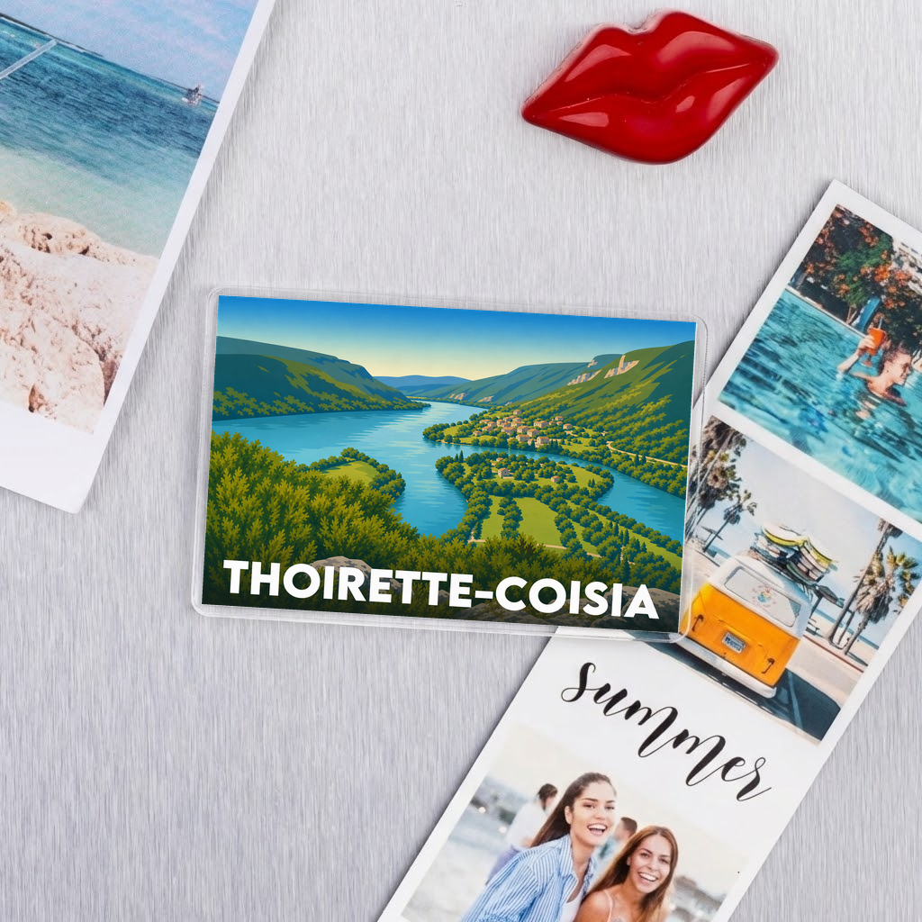 Magnet souvenir de la ville de Thoirette-Coisia avec une illustration stylisée.