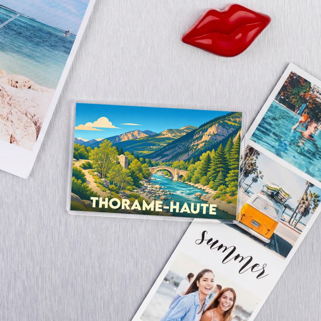Magnet souvenir de la ville de Thorame-Haute avec une illustration stylisée de montagne et de rivière.