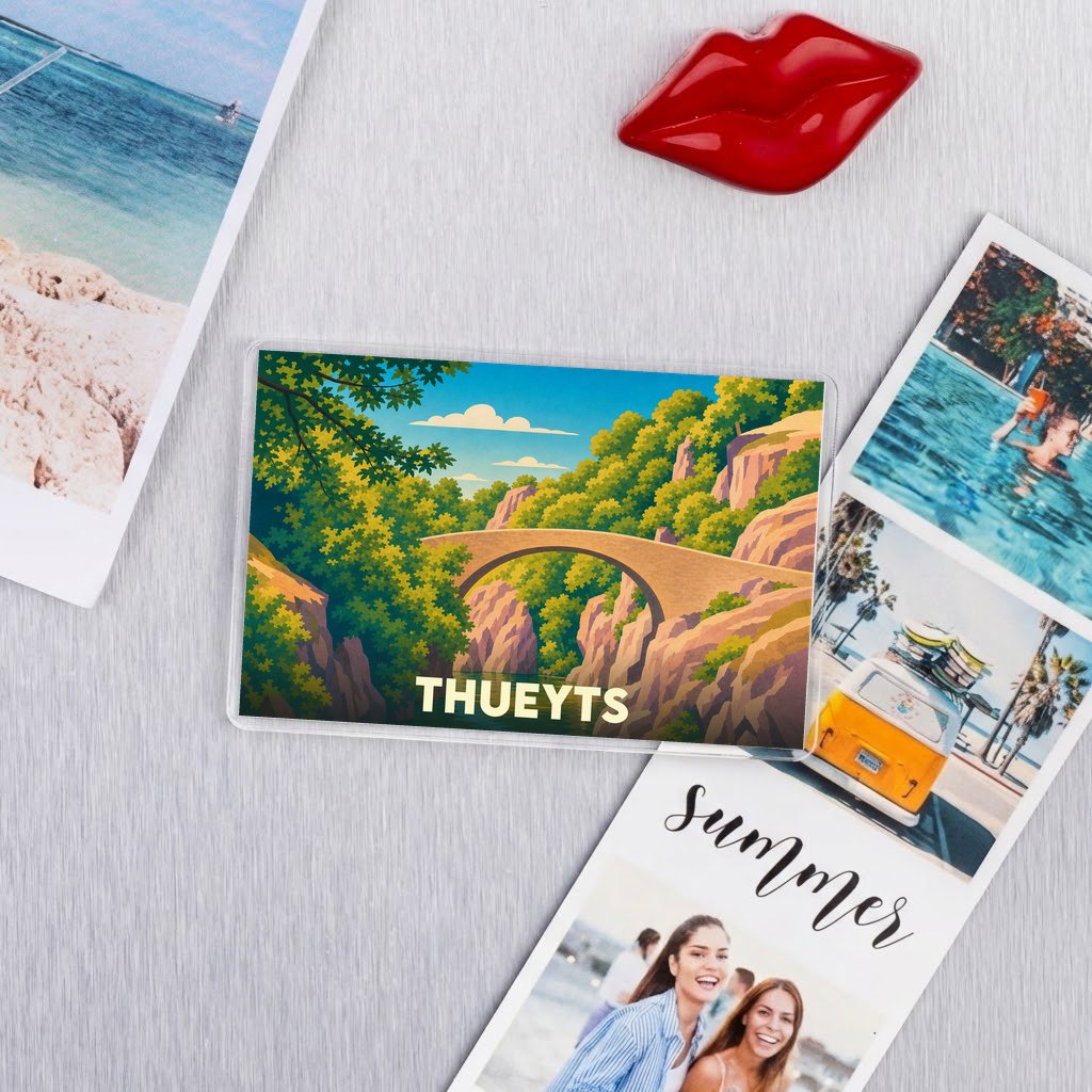Magnet souvenir de la ville de Thueyts avec une illustration stylisée d'un pont de pierre.