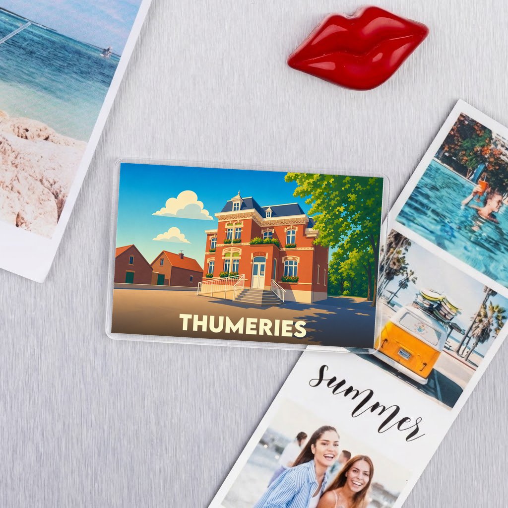 Magnet souvenir de la ville de Thumeries avec une illustration stylisée d'une maison bourgeoise.