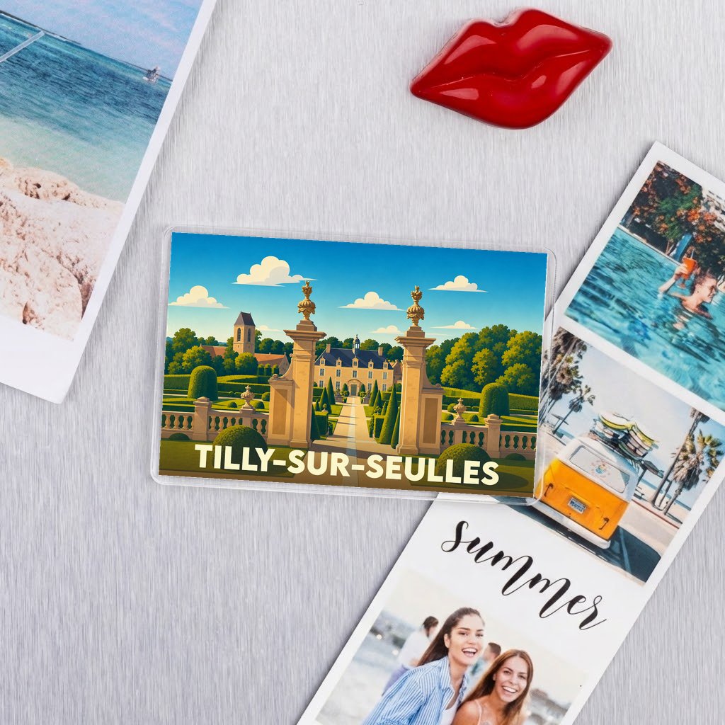Magnet souvenir de la ville de Tilly-sur-Seulles avec une illustration stylisée d'un château et de ses jardins.