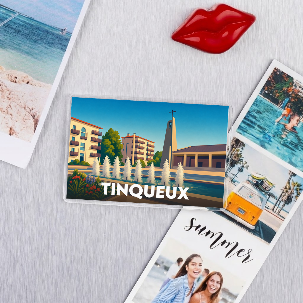 Magnet souvenir de la ville de Tinqueux avec une illustration stylisée et colorée.