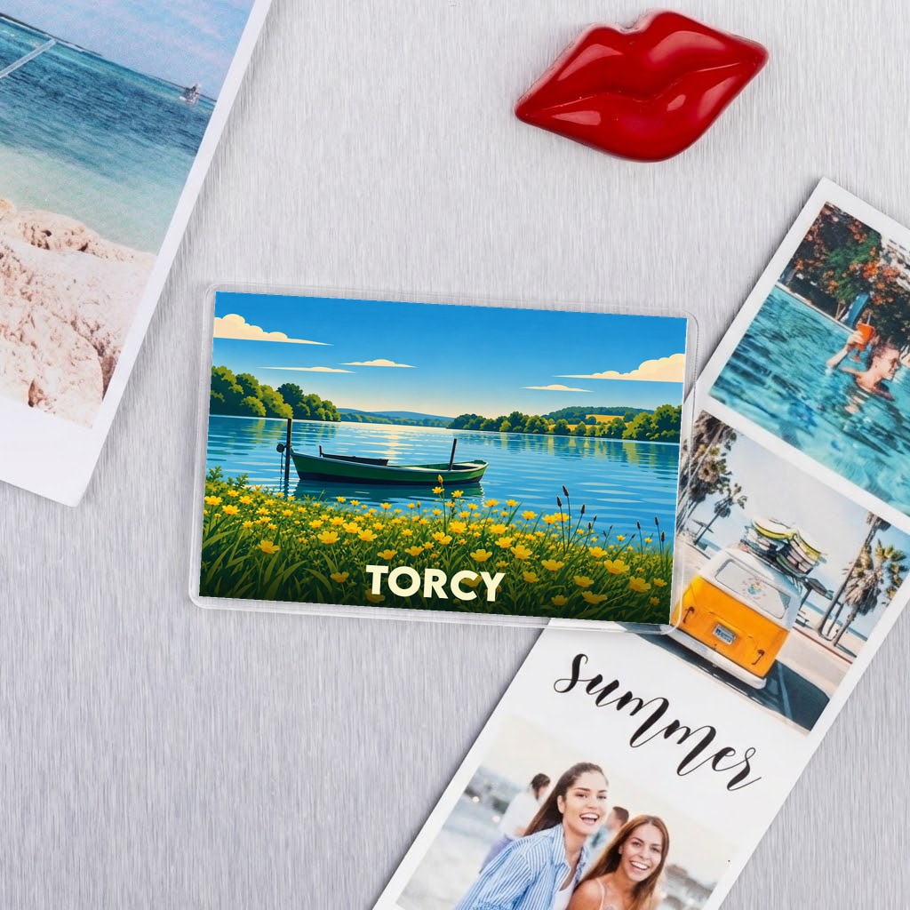 Magnet souvenir de la ville de Torcy avec une illustration de barque sur un lac fleuri.