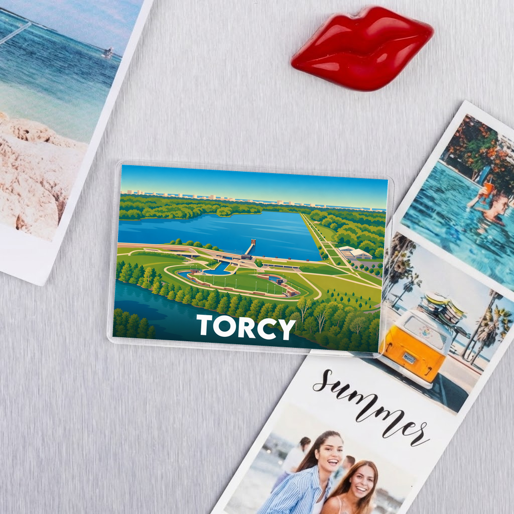Magnet souvenir de la ville de Torcy avec une illustration stylisée.