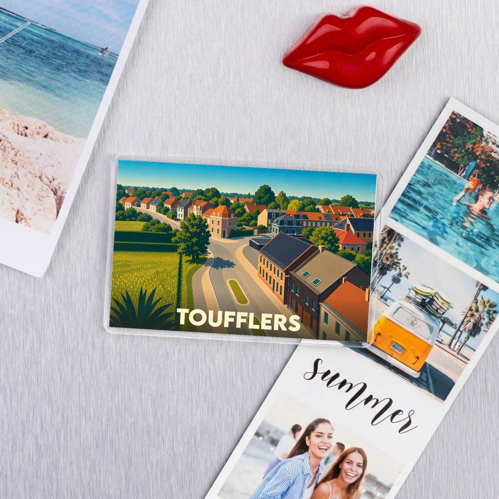 Magnet souvenir de la ville de Toufflers avec une illustration colorée de ses paysages et habitations.