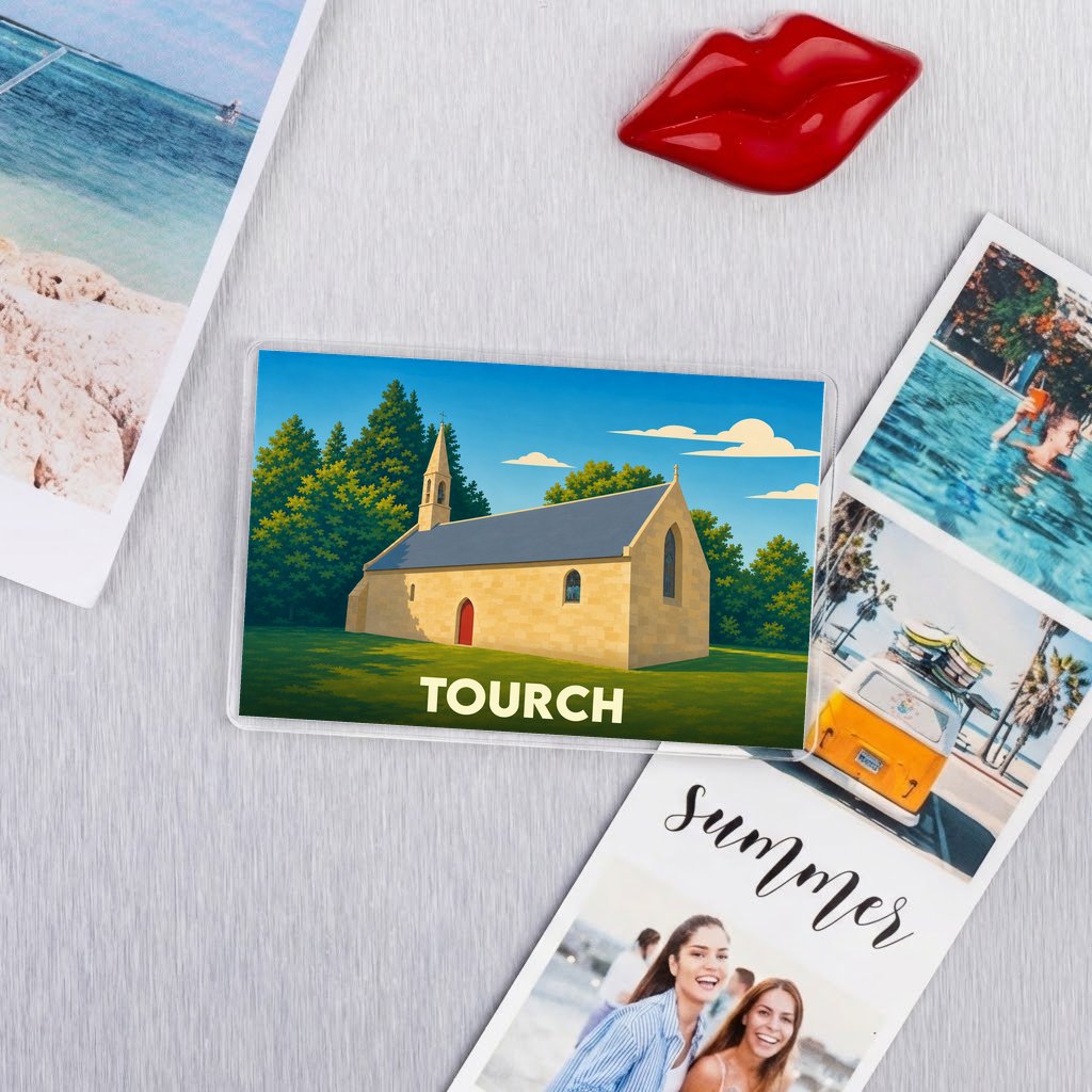 Magnet souvenir de la ville de Tourch avec une illustration stylisée d'une église.