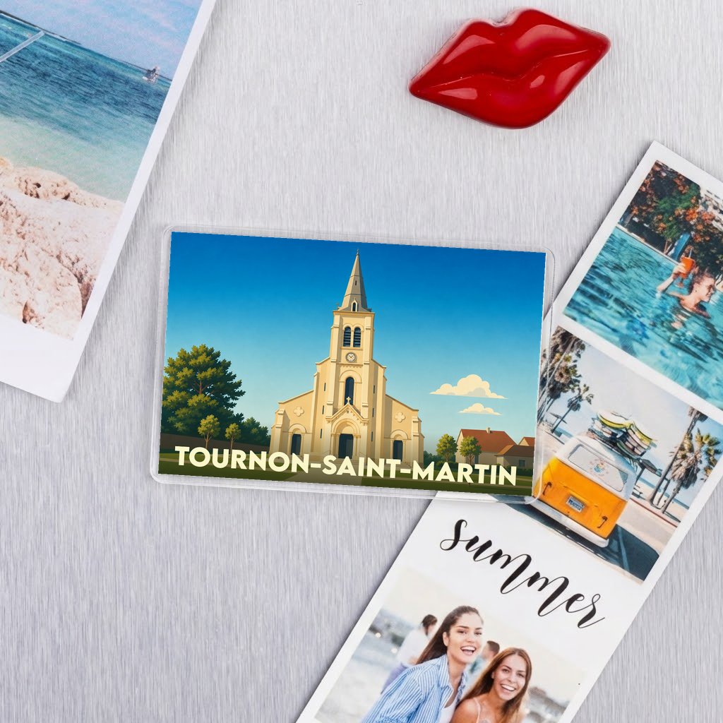 Magnet souvenir de la ville de Tournon-Saint-Martin avec une illustration stylisée de son église.