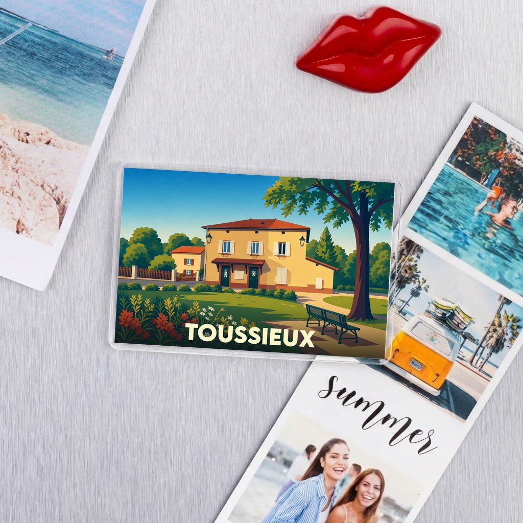 Magnet souvenir de la ville de Toussieux avec une illustration stylisée d'une maison de village.