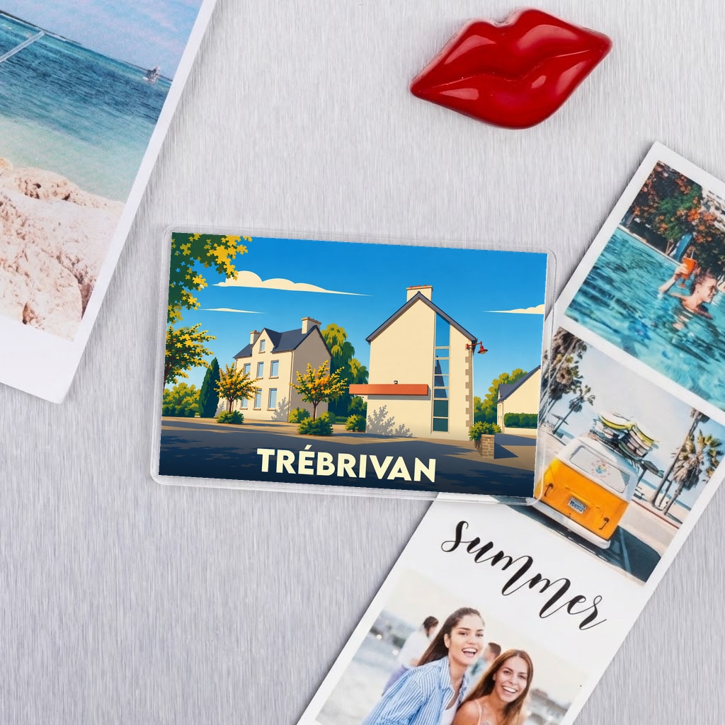 Magnet souvenir de la ville de Trébrivan avec une illustration stylisée.