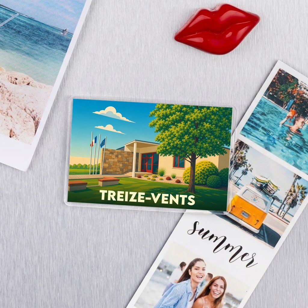 Magnet souvenir de la ville de Treize-Vents avec une illustration stylisée d'un bâtiment local.