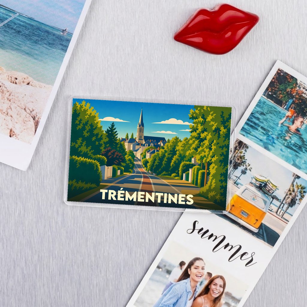Magnet souvenir de la ville de Trémentines avec une illustration graphique et colorée.
