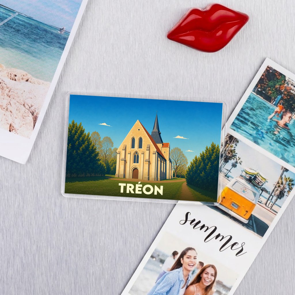 Magnet souvenir de la ville de Tréon avec une illustration stylisée de son église.