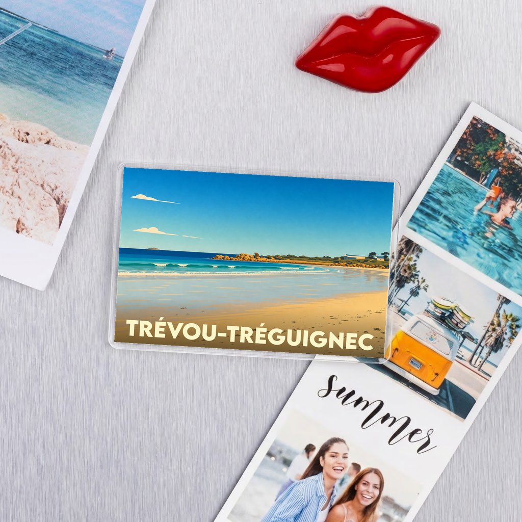 Magnet souvenir de la ville de Trévou-Tréguignec avec une illustration stylisée de sa plage.