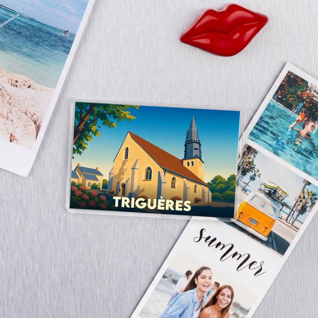 Magnet souvenir de la ville de Triguères avec une illustration stylisée de son église.