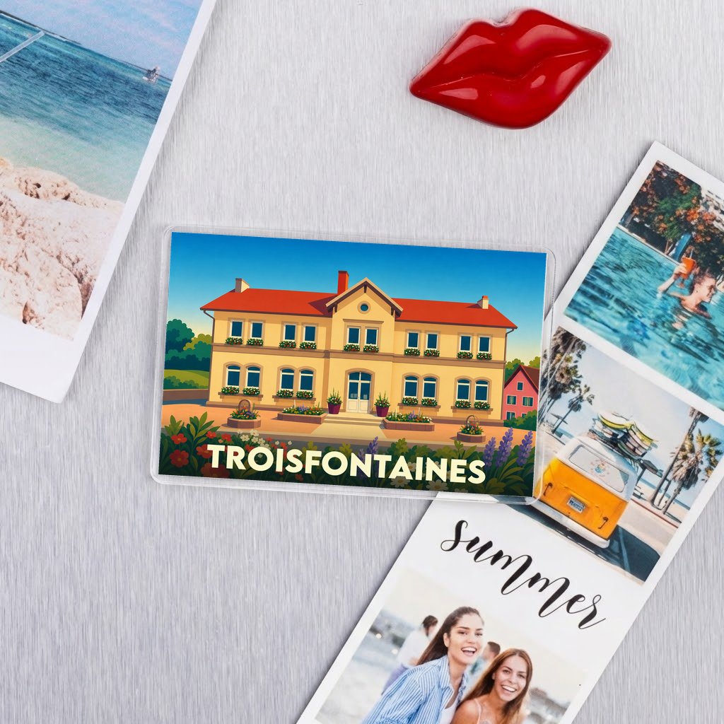 Magnet souvenir de la ville de Troisfontaines avec une illustration colorée d'un bâtiment traditionnel.
