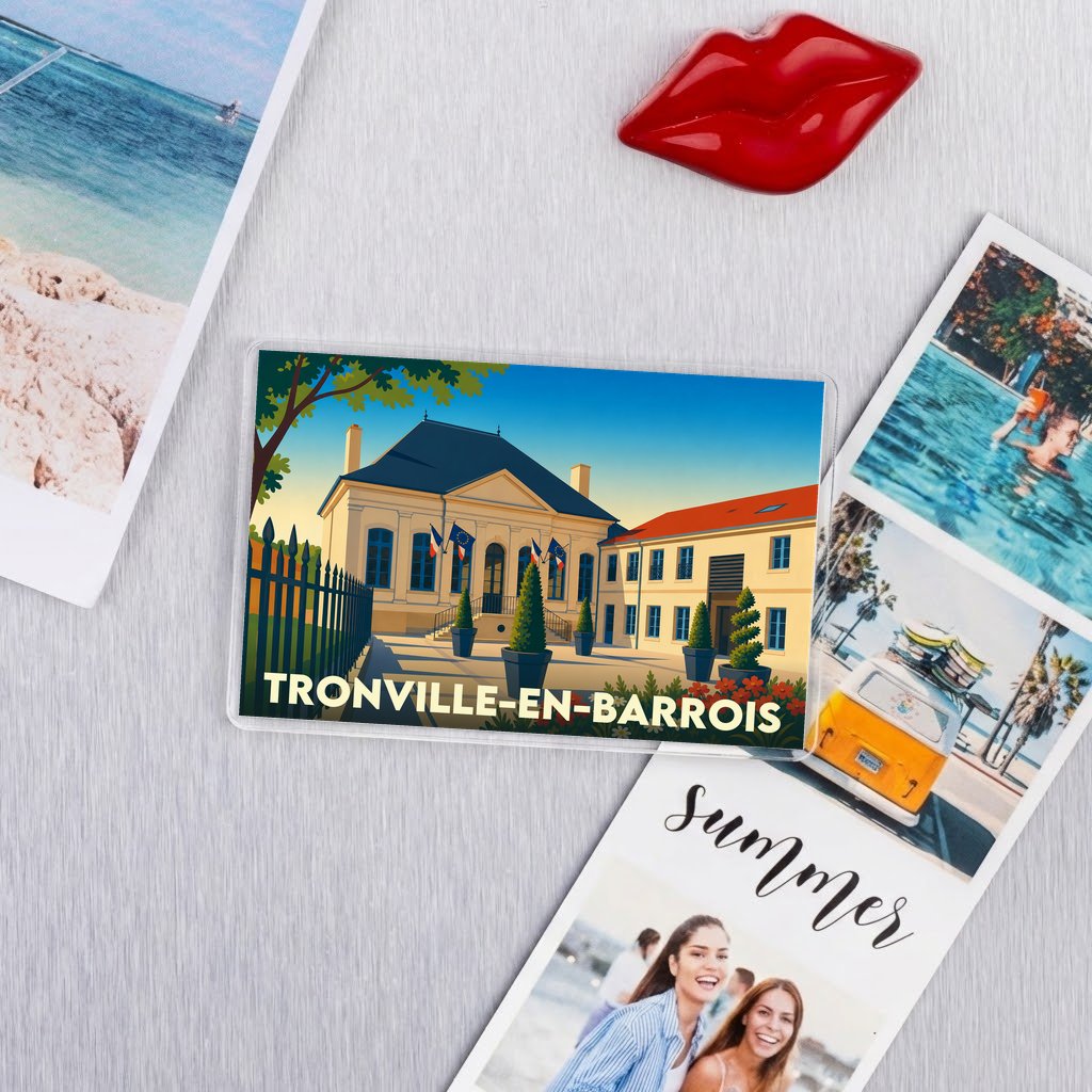 Magnet souvenir de la ville de Tronville-en-Barrois avec une illustration stylisée de sa mairie.