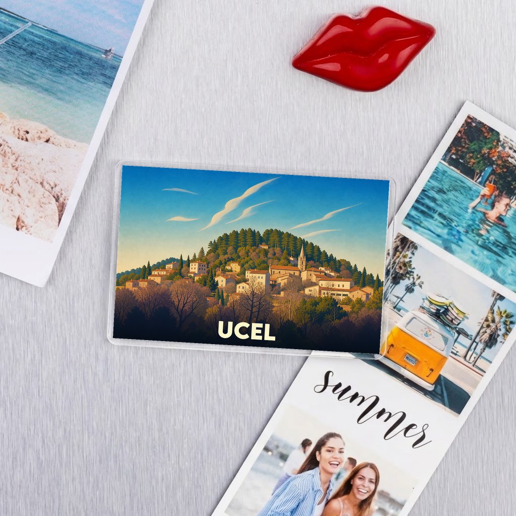 Magnet souvenir de la ville de Ucel avec une illustration stylisée d'un village perché.