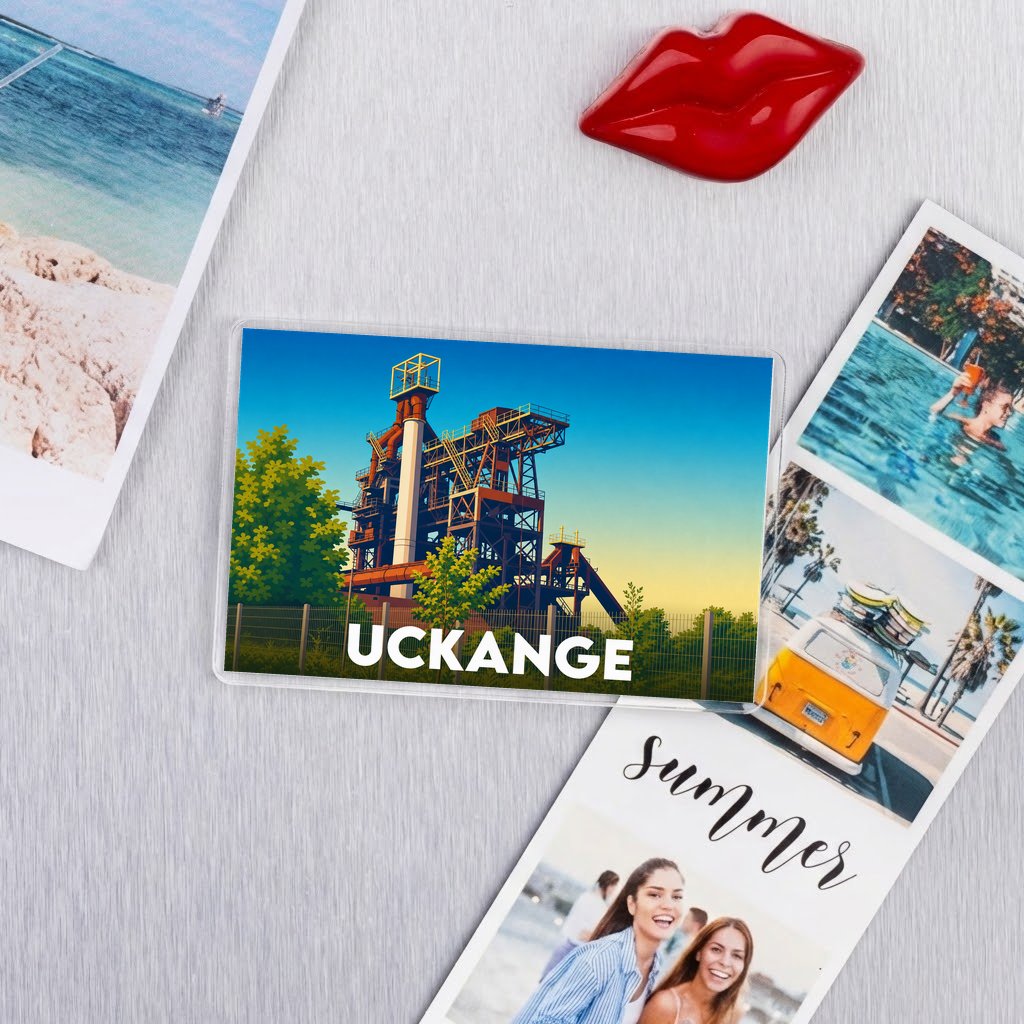 Magnet souvenir de la ville d'Uckange avec une illustration stylisée de son haut-fourneau.