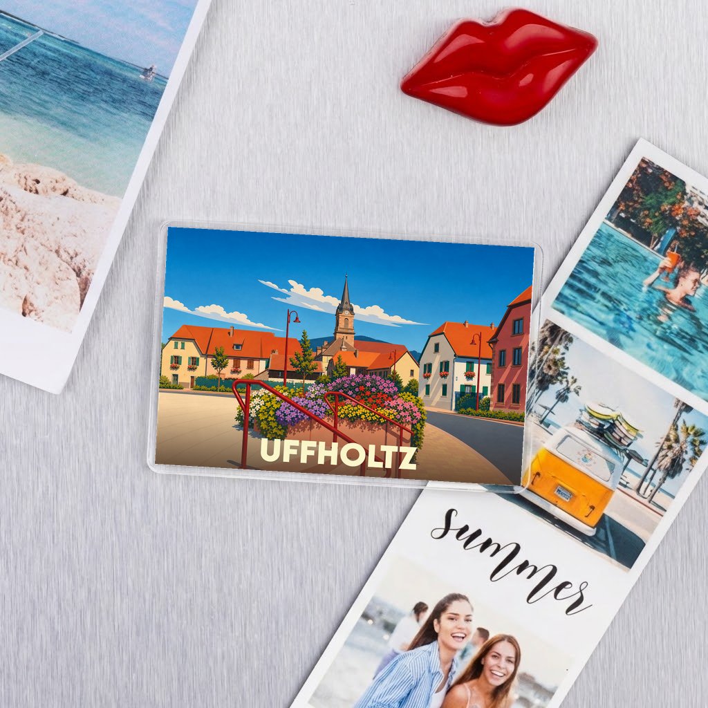 Magnet souvenir de la ville de Uffholtz avec une illustration stylisée d'un paysage urbain.