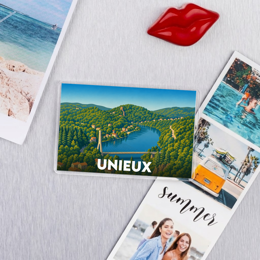 Magnet souvenir de la ville d'Unieux avec une illustration stylisée d'un pont au-dessus d'un fleuve entouré de collines boisées.