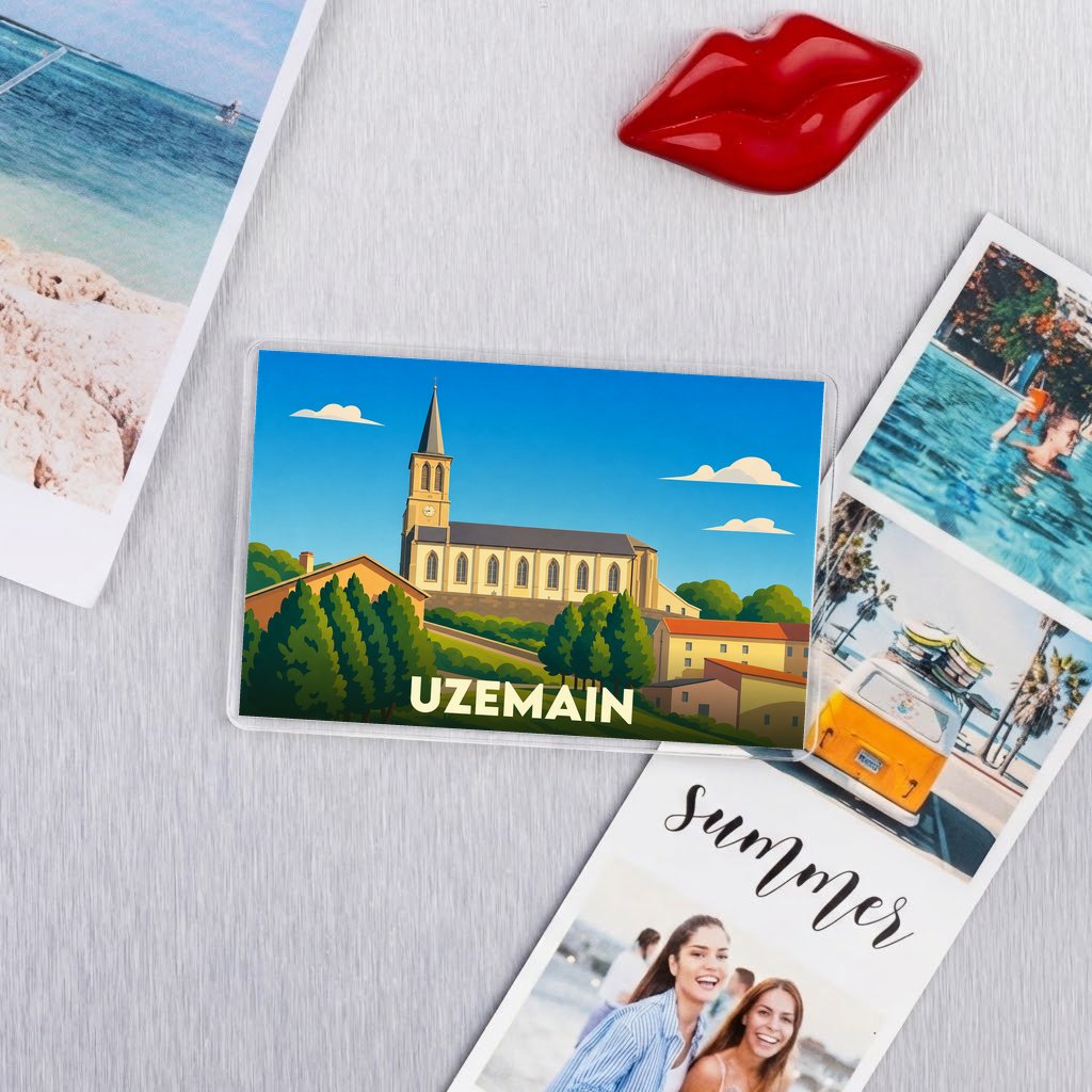 Magnet souvenir de la ville d'Uzemain avec une illustration stylisée de son église.