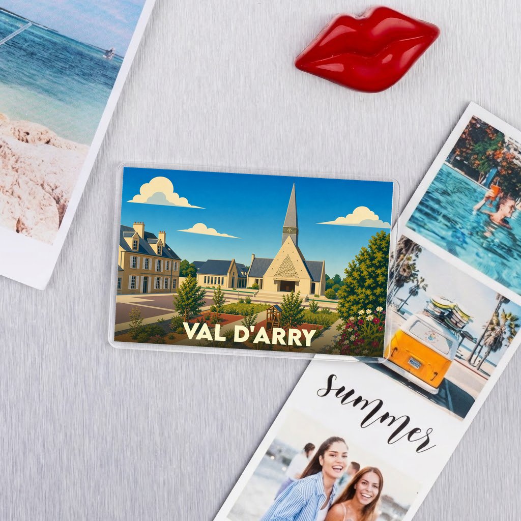 Magnet souvenir de la ville de Val d'Arry avec une illustration stylisée d'une église et d'un manoir.