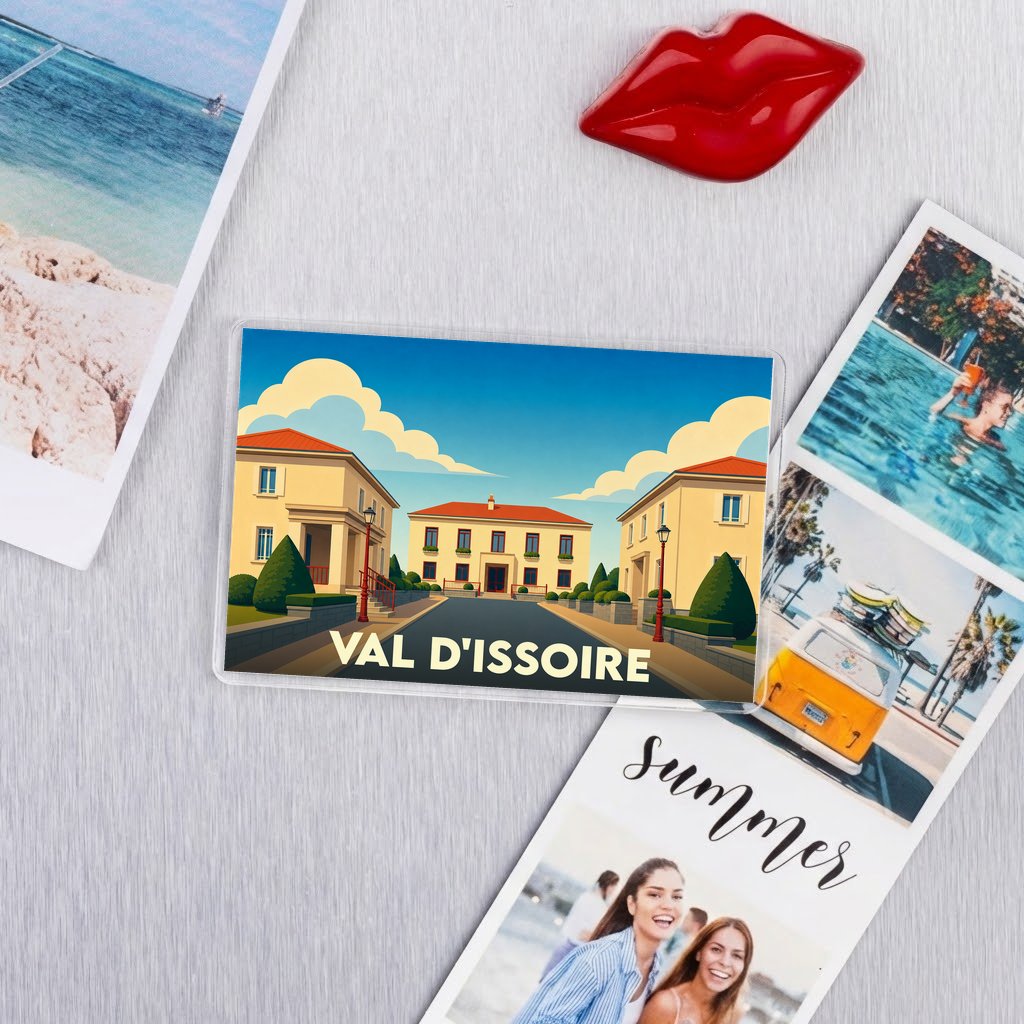 Magnet souvenir de la ville de Val d'Issoire avec une illustration stylisée.