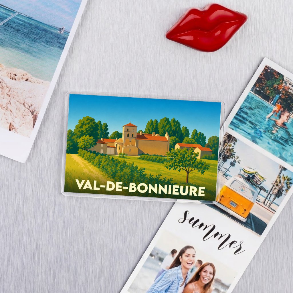 Magnet souvenir de la ville de Val-de-Bonnieure avec une illustration stylisée.