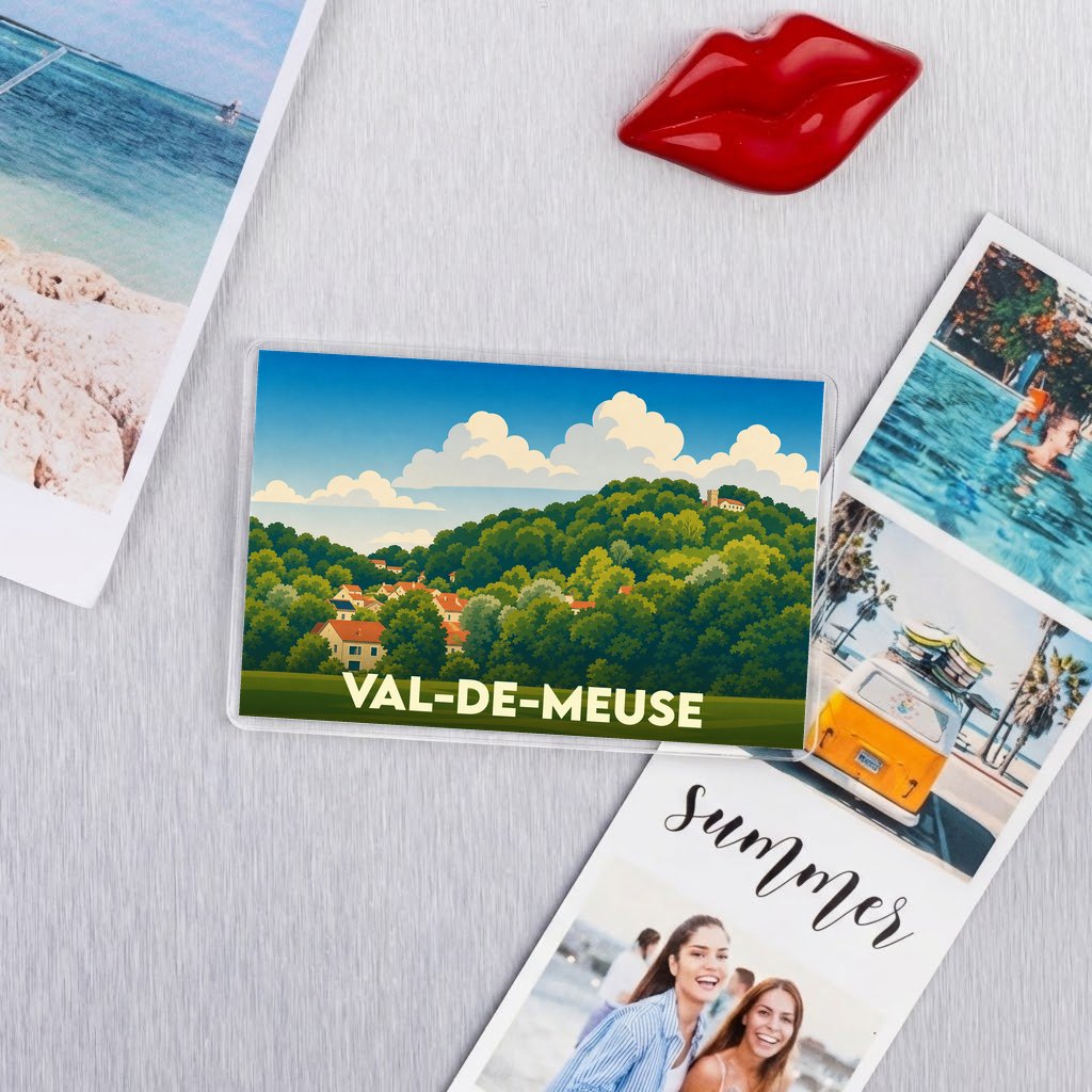 Magnet souvenir de la ville de Val-de-Meuse avec une illustration stylisée de paysages vallonnés.