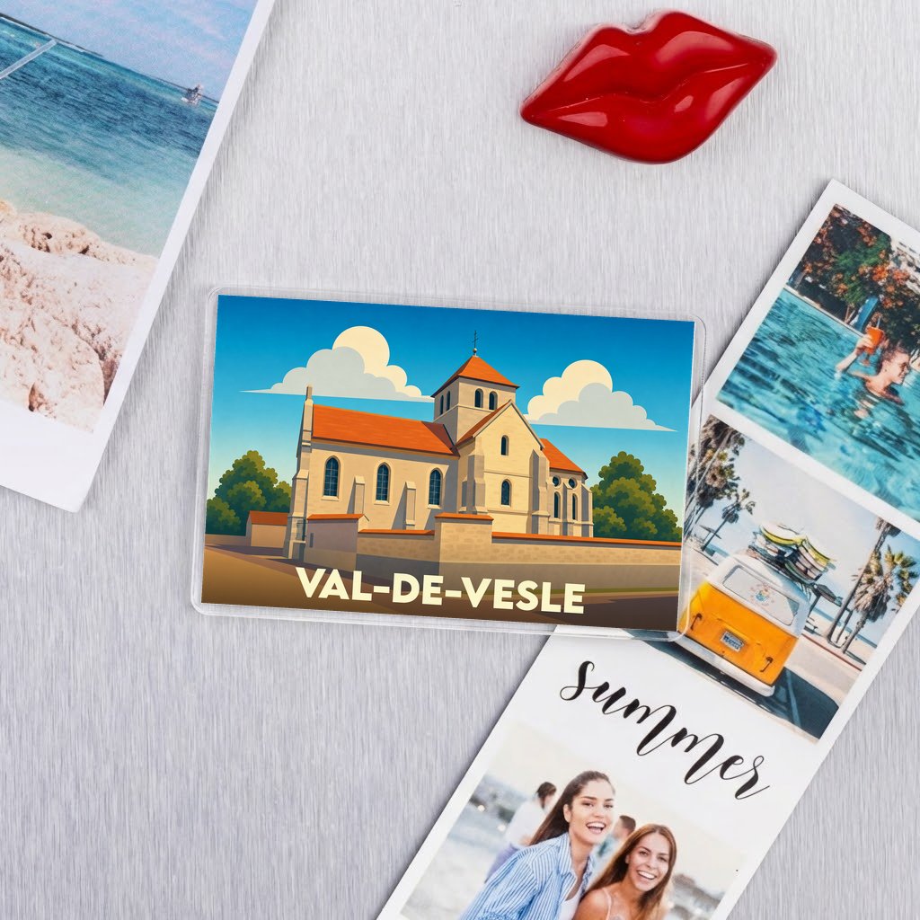 Magnet souvenir de la ville de Val-de-Vesle avec une illustration stylisée de son église.