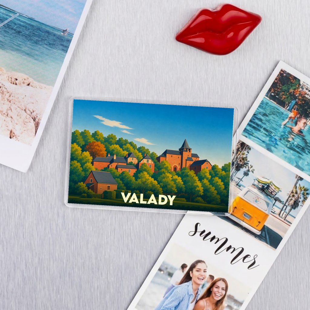 Magnet souvenir de la ville de Valady avec une illustration stylisée.